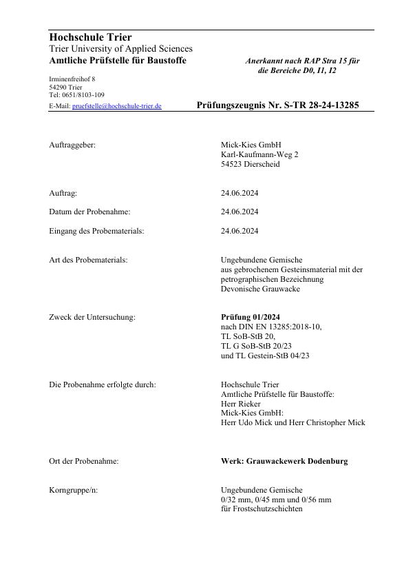 Prüfungszeugnis S-TR 28-24 Grauwackewerk Dodenburg nach EN 13285